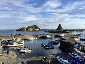 A harbor with boats docked, rocky terrain, and a prominent island in the background. - TeO house, seafront, garden, Acitrezza, Acicastello, Etna (Aci Castello)