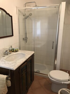 Douche, sèche-cheveux, serviettes fournies, savon