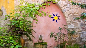 A stone wall with a pink door featuring a blue and yellow sun design, surrounded by greenery and potted plants. - Casa Ollaga for 4 people (Olite)