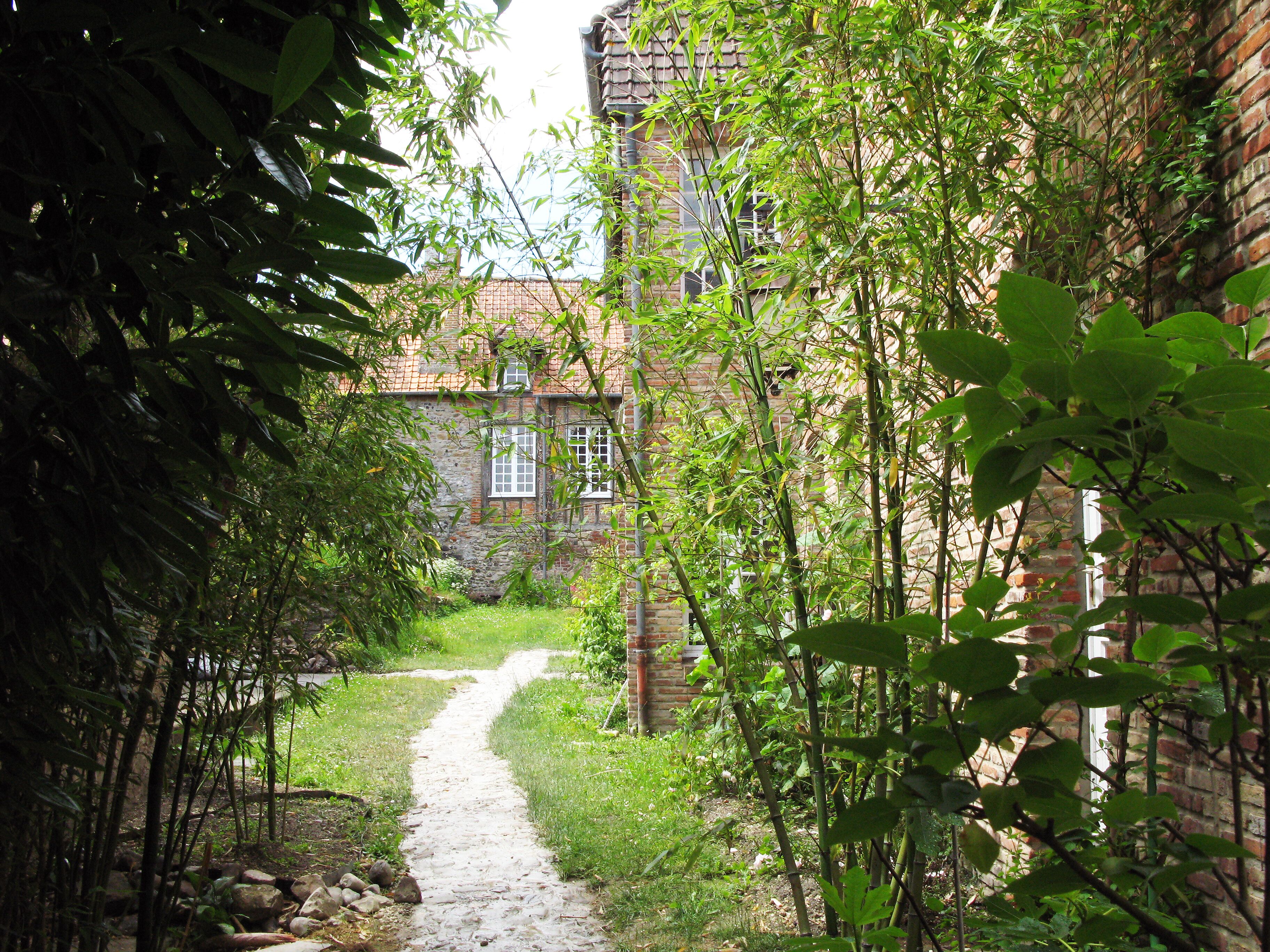 A narrow stone pathway leading to a brick building with multiple windows, surrounded by lush greenery and bamboo.