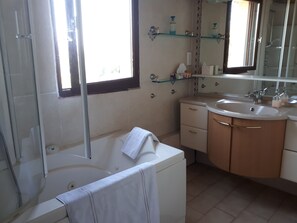 Combined shower/bathtub, hair dryer, towels, toilet paper