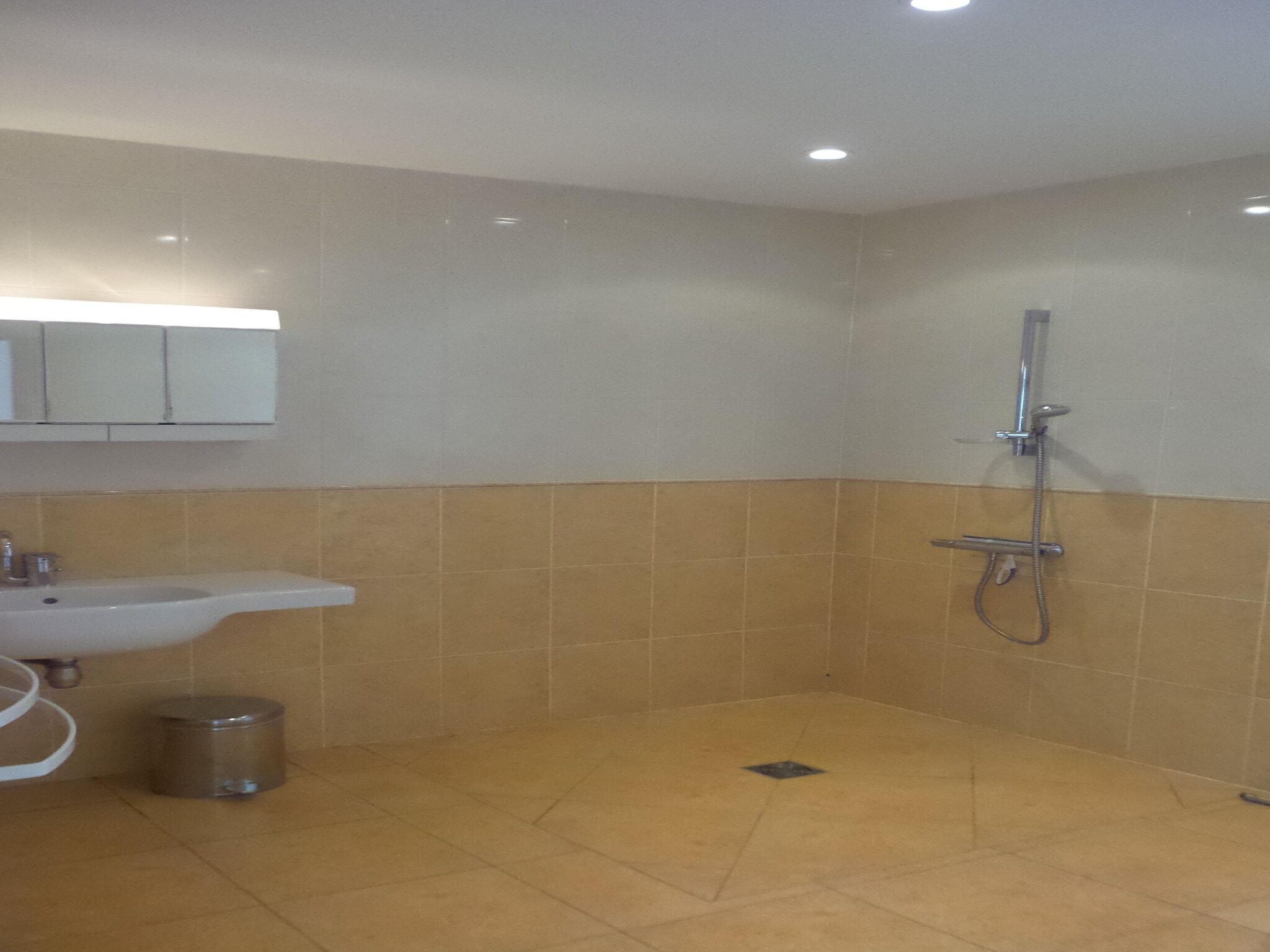 A bathroom with a sink, mirror, shower, and tiled floor.
