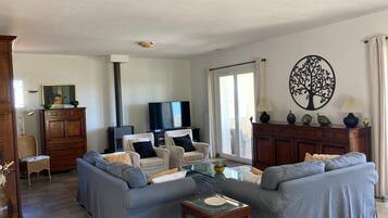 Télévision, cheminée, table de tennis de table