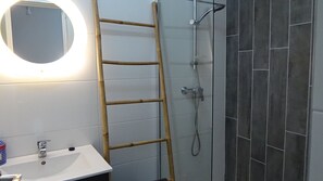 Shower, hair dryer, toilet paper