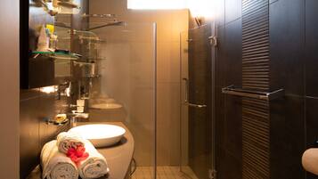Douche, séchoir à cheveux, serviettes fournies, savon