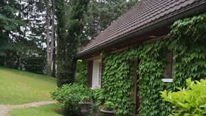 A house with a sloped roof, ivy-covered walls, and a gravel pathway leading to the entrance. - Saint Didier Au Mont D Or: House with character (Saint Didier au Mont d'Or)