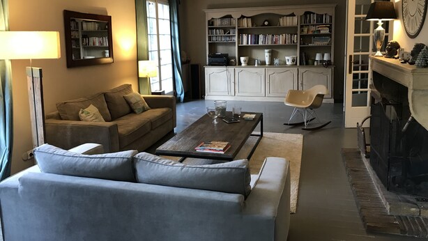 A living room with a sofa, coffee table, and bookshelves. - Saint Didier Au Mont D Or: House with character (Saint Didier au Mont d'Or)