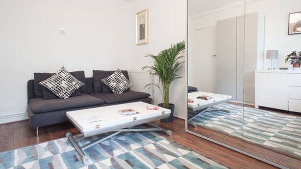 Una sala moderna con un sofá gris, cojines estampados, una mesita, una planta en maceta y un espejo grande que refleja la habitación.