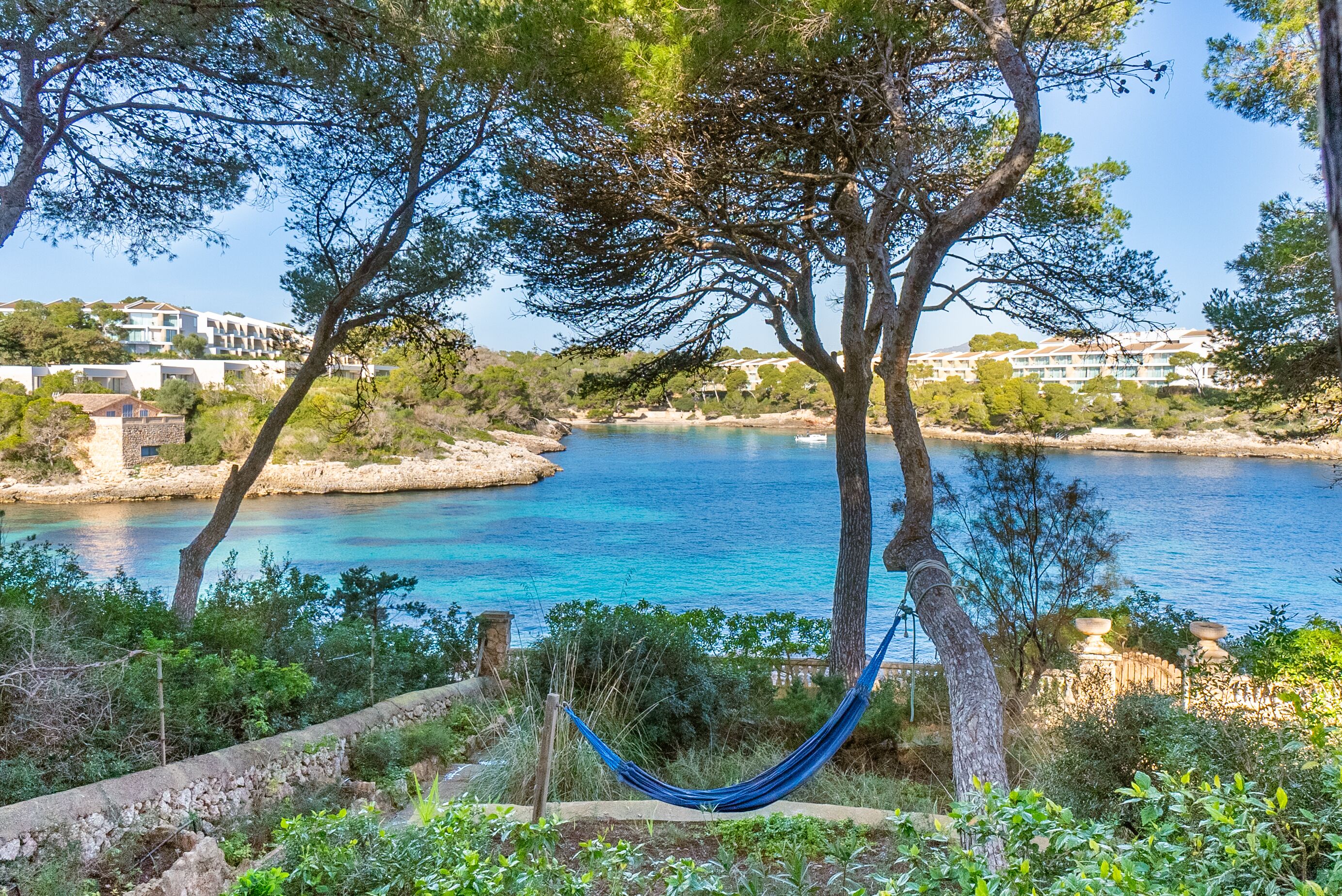 Una hamaca en un entorno natural con vista a la costa y edificios al fondo.