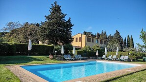 A rectangular pool with a stone border, surrounded by a grassy area and a row of sun loungers with umbrellas. - Glicini 1, holiday home with pool 30' from Florence (Barberino Tavarnelle)