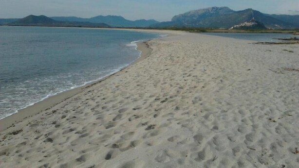 Ein Strand mit freiem Blick auf das Meer und entfernte Berge.