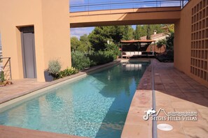A heated pool, pool loungers