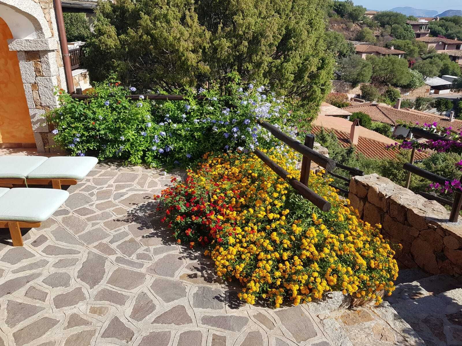 A stone patio with lounge chairs and a flower bed with yellow and red flowers.