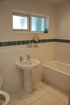 Combined shower/bathtub, hair dryer, towels, soap