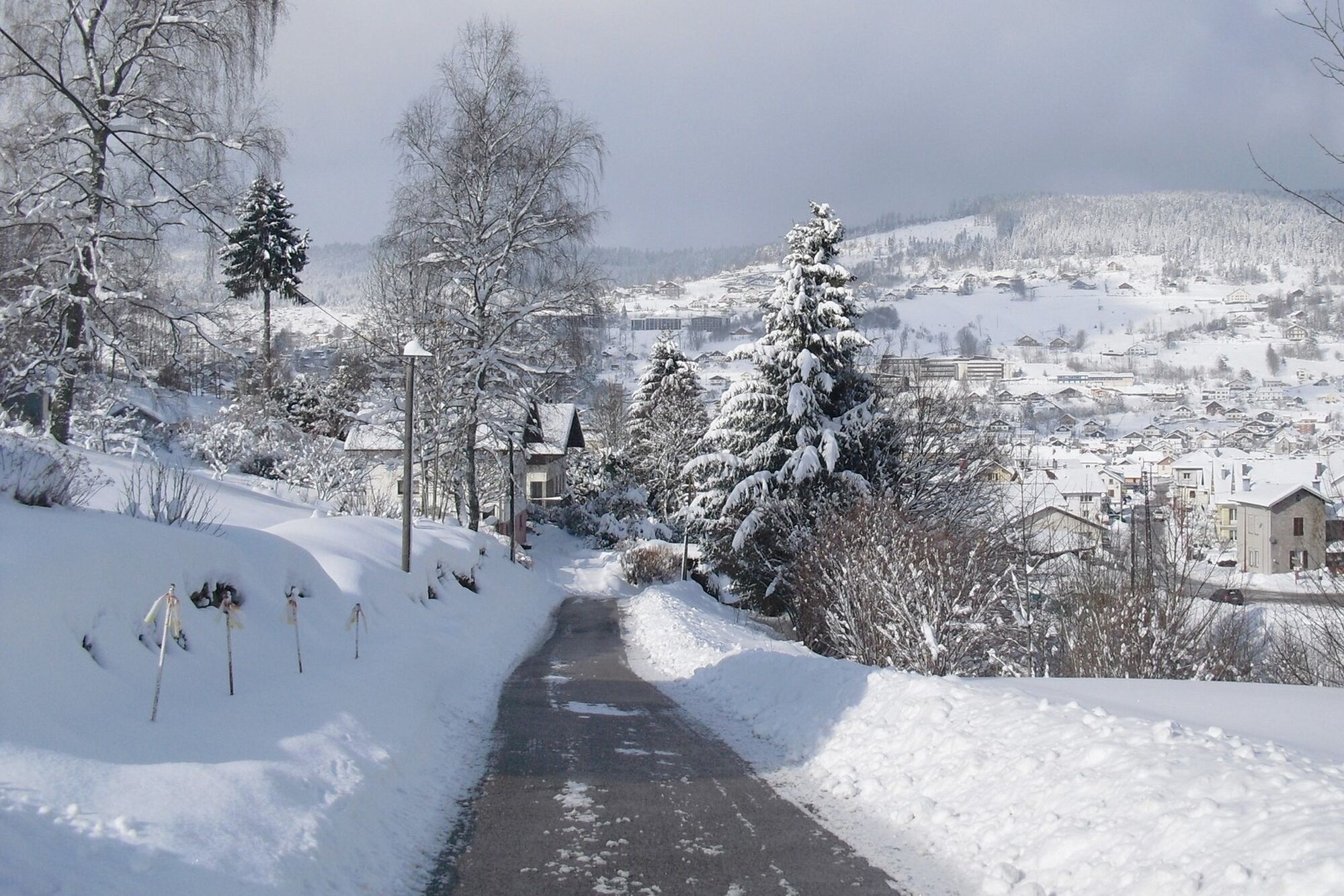 A snow-covered road leading to a residential area with houses and trees.