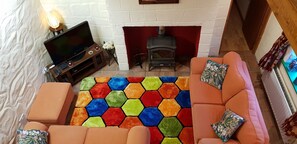 TV, fireplace, DVD player, books