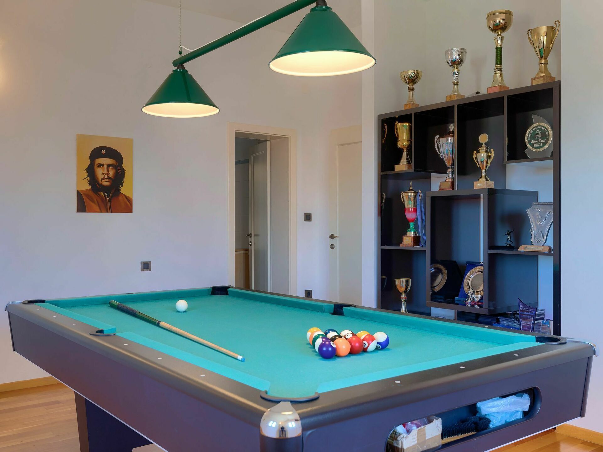 Une table de billard avec des billes, deux lampes vertes et une étagère à trophées.
