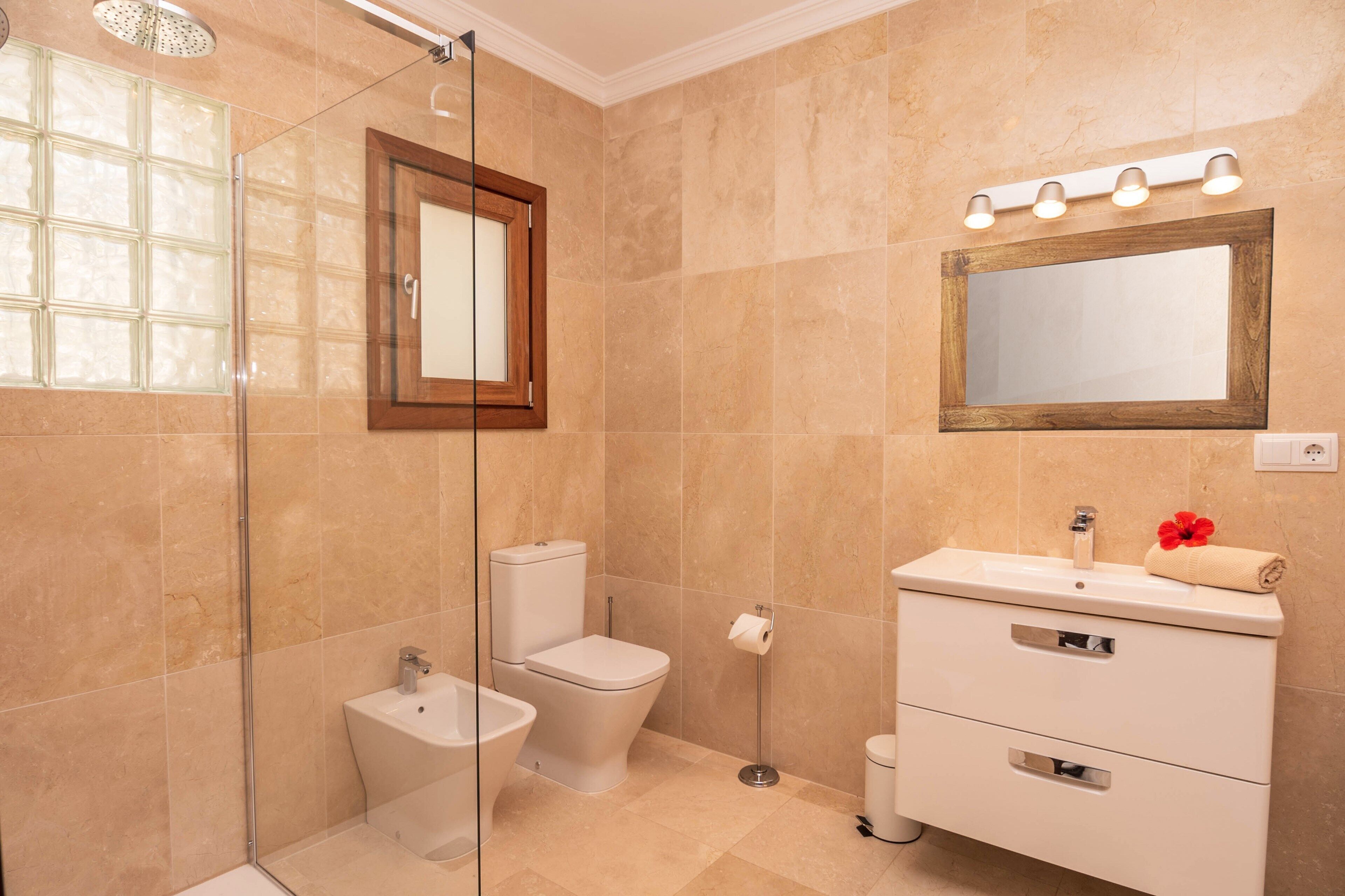 A bathroom with a glass shower enclosure, a toilet, a bidet, a sink with a mirror above it, and a vanity with drawers.