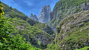 A mountainous landscape with rocky terrain and lush greenery. - The Caleyon, village house with breakfast. Rooms with private bathroom. (Bulnes de Cabrales)