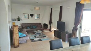 Een smart-tv, een open haard, een dvd-speler en boeken