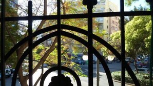 Vista attraverso un cancello in metallo con decorazioni floreali, su una strada con auto parcheggiate e palazzi sullo sfondo.