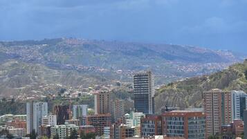 A cityscape with a prominent hill in the background, featuring a mix of residential and commercial buildings.
