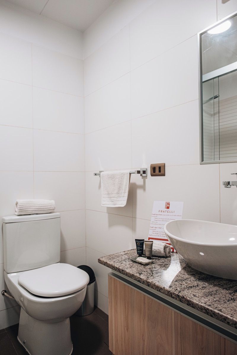 Ein Badezimmer mit Toilette, Waschbecken und Spiegel.