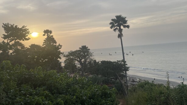 A beach with palm trees, a path leading to the shore, and boats on the water. - A 2018 built, two bedroom, bungalow for short or long term stay (SerreKunda)