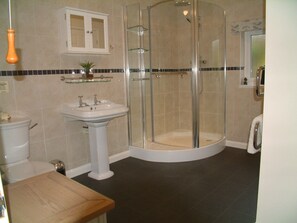 Regadera, secadora de cabello, toallas, jabón 