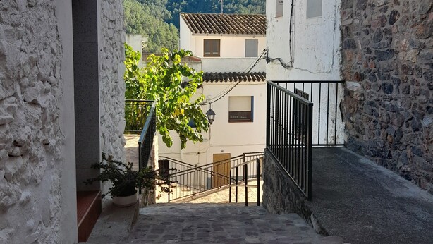 Une rue étroite, pavée de pierres, bordée de bâtiments blancs, avec une chaîne de montagnes en toile de fond.