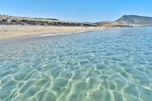 A beach with clear shallow waters and a sandy shore. - Sunset Holiday Villa in San Pietro Pinewood (Valledoria)