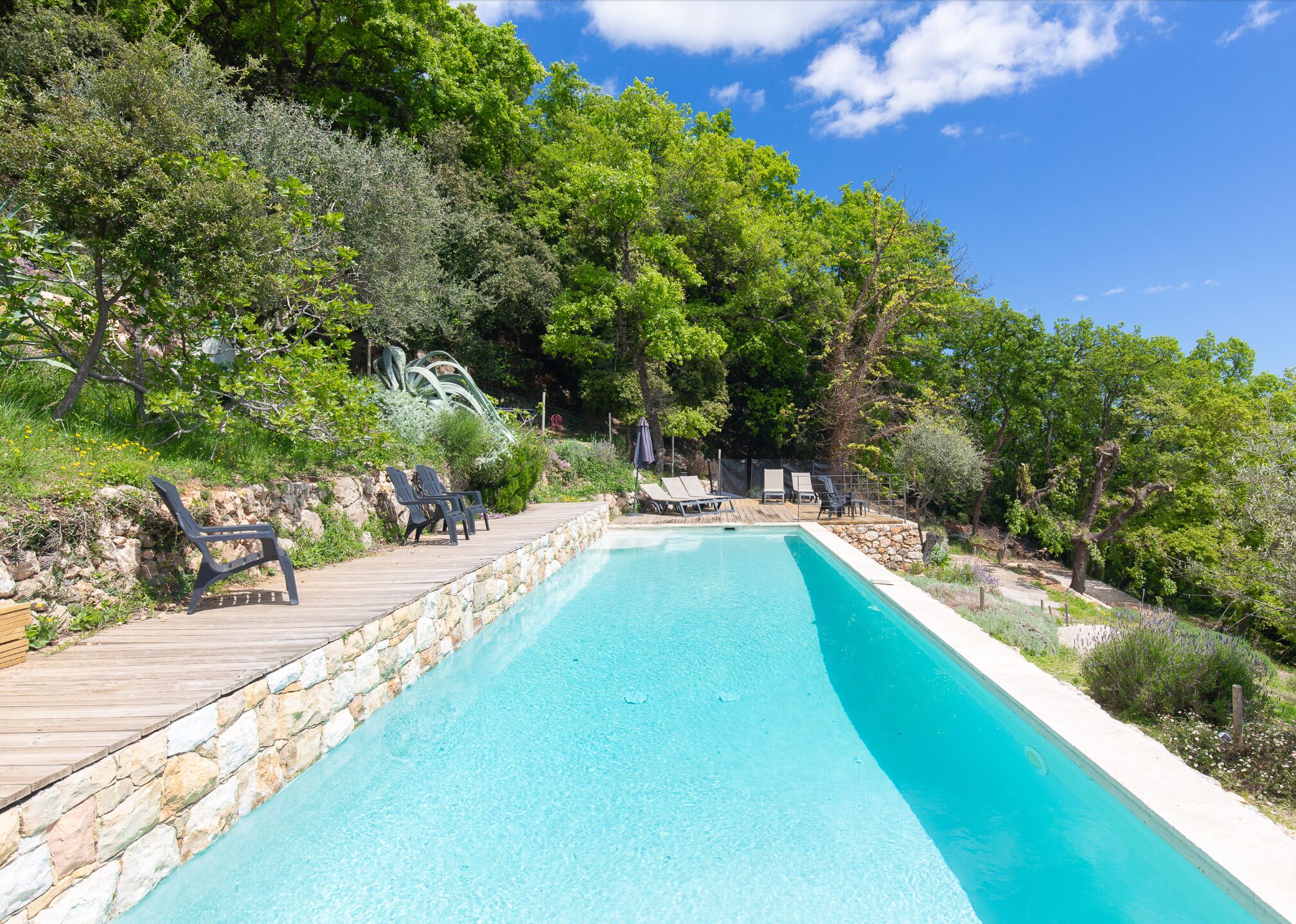 A rectangular swimming pool with clear blue water, surrounded by a stone deck and wooden railings.