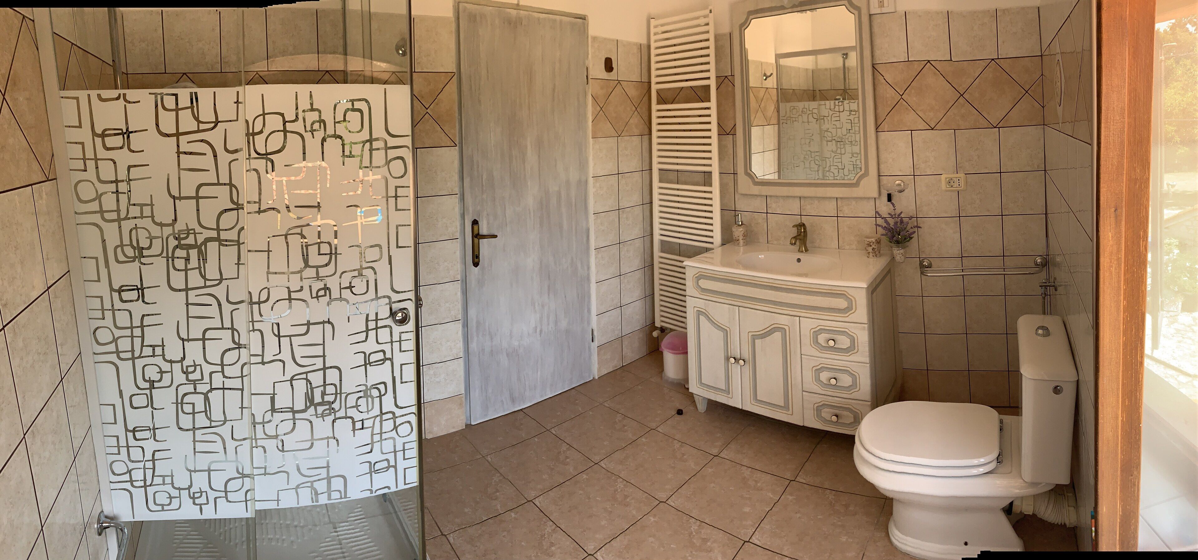 A bathroom with a shower, toilet, sink, and a mirror.