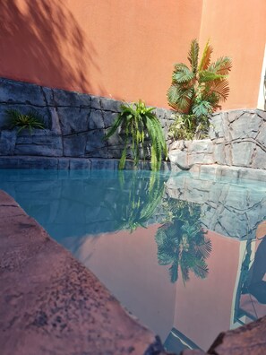 A pool with clear water, surrounded by stone walls and tropical plants.