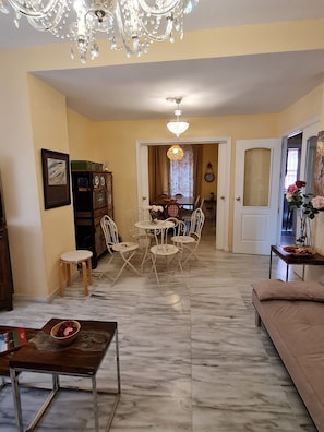 Smart TV, fireplace, DVD player, books