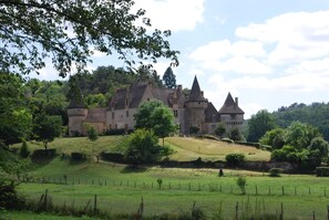 A castle with multiple towers and a large courtyard surrounded by lush greenery. - Charming House / Villa - in Sarlat, quite, comfortable with terrace and wifi (Sarlat-La-Canéda)