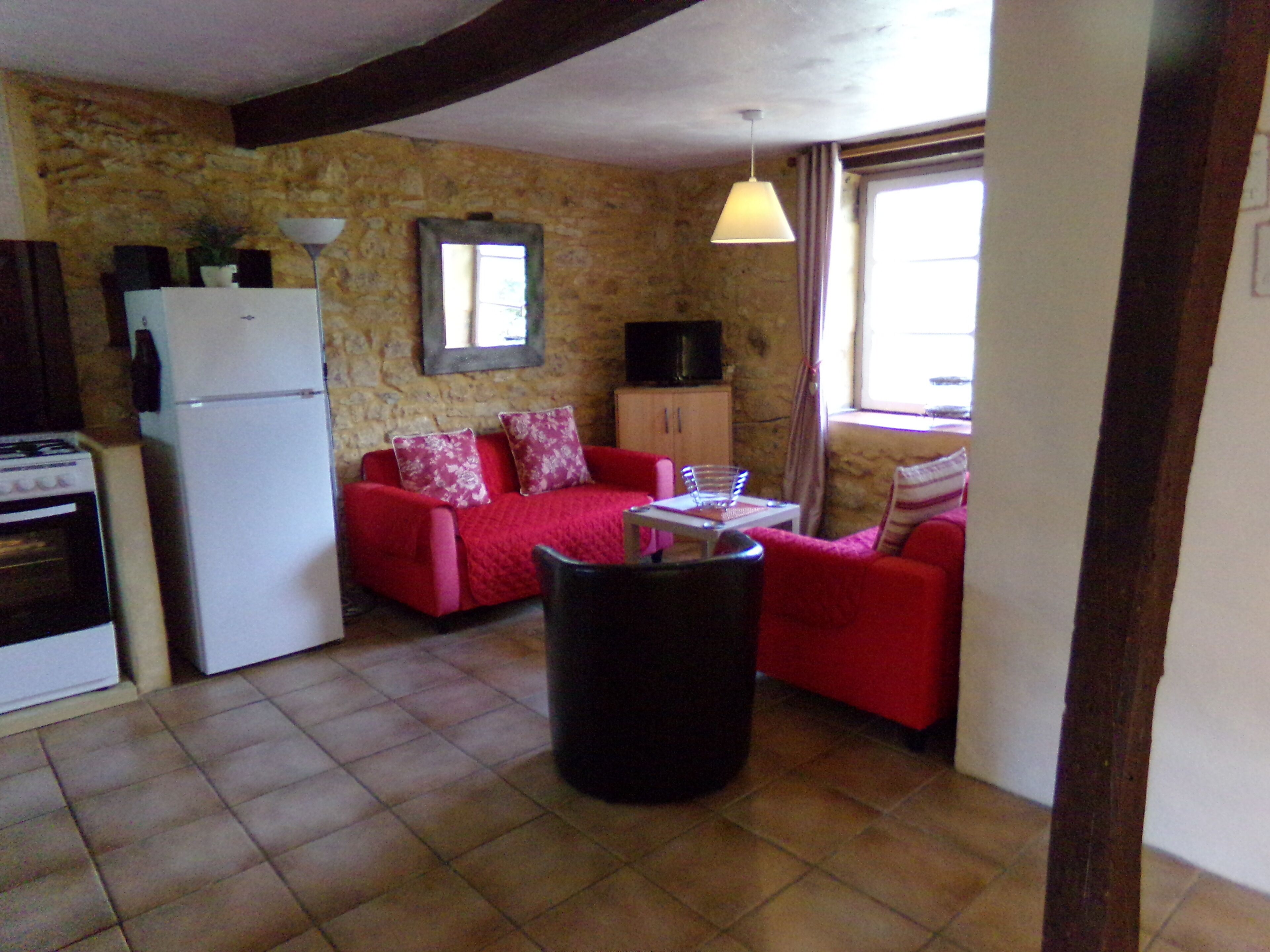 Eine kleine Küche mit Herd, Kühlschrank und einer Steinwand. Ein rotes Sofa mit floralen Kissen und ein kleiner Tisch mit einer Lampe.