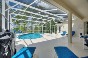 Outdoor pool, a heated pool, pool loungers