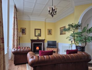 TV, fireplace, DVD player, books