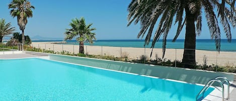 En klar, blå pool med udsigt til strand og hav.