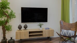 A living room with a flat-screen TV mounted on the wall, a wooden entertainment unit, a green curtain, a potted plant, and a chair with a patterned cushion.