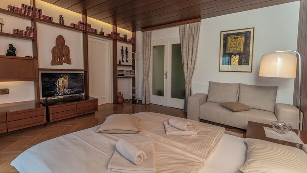 A spacious bedroom with a large bed, a television, a sofa, and a wooden shelf with decorative items. - Vila Marija - perfect vacation apartment (Ljubljana)