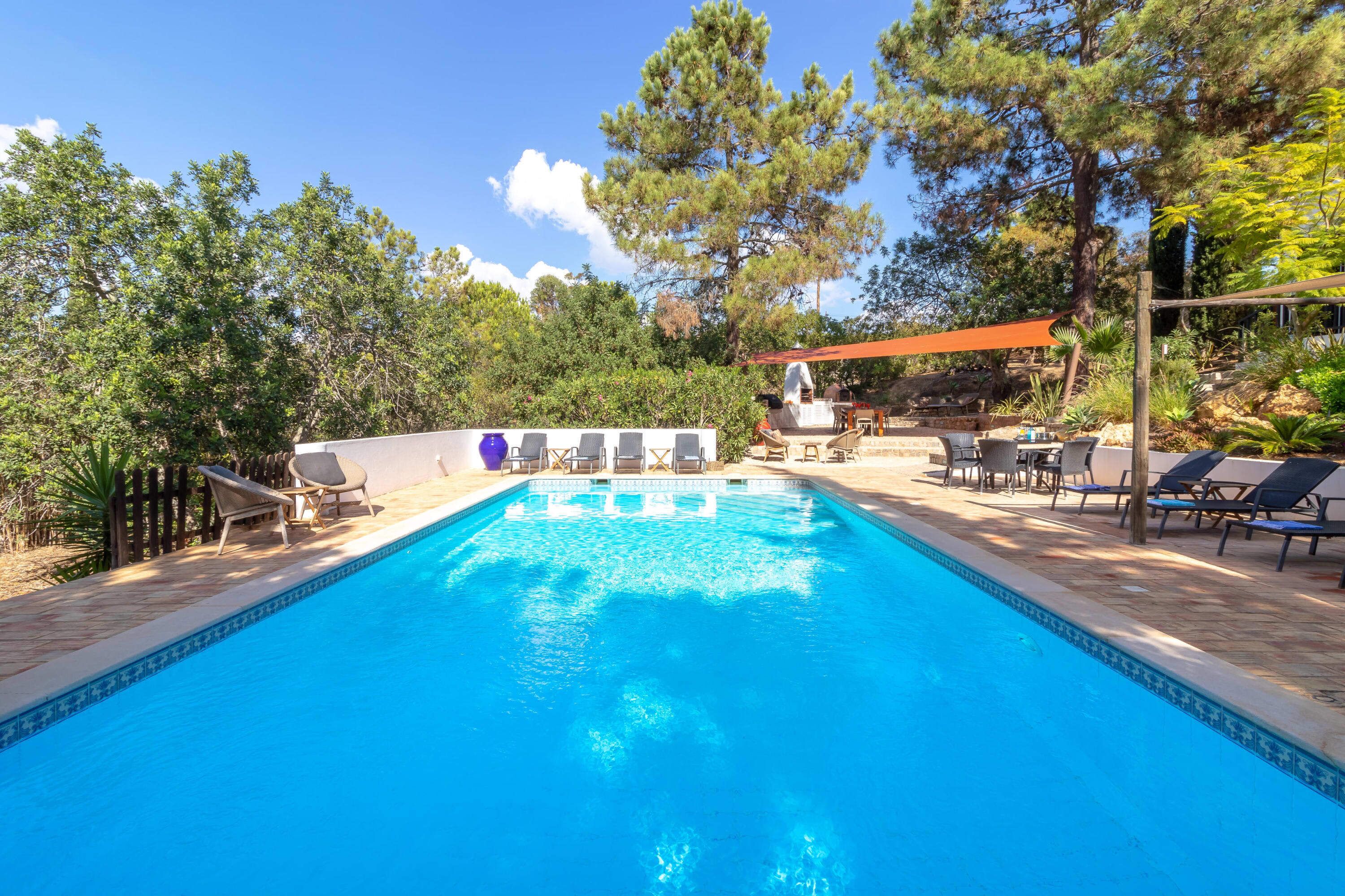 Une piscine avec des chaises longues, un espace barbecue et une terrasse en bois.
