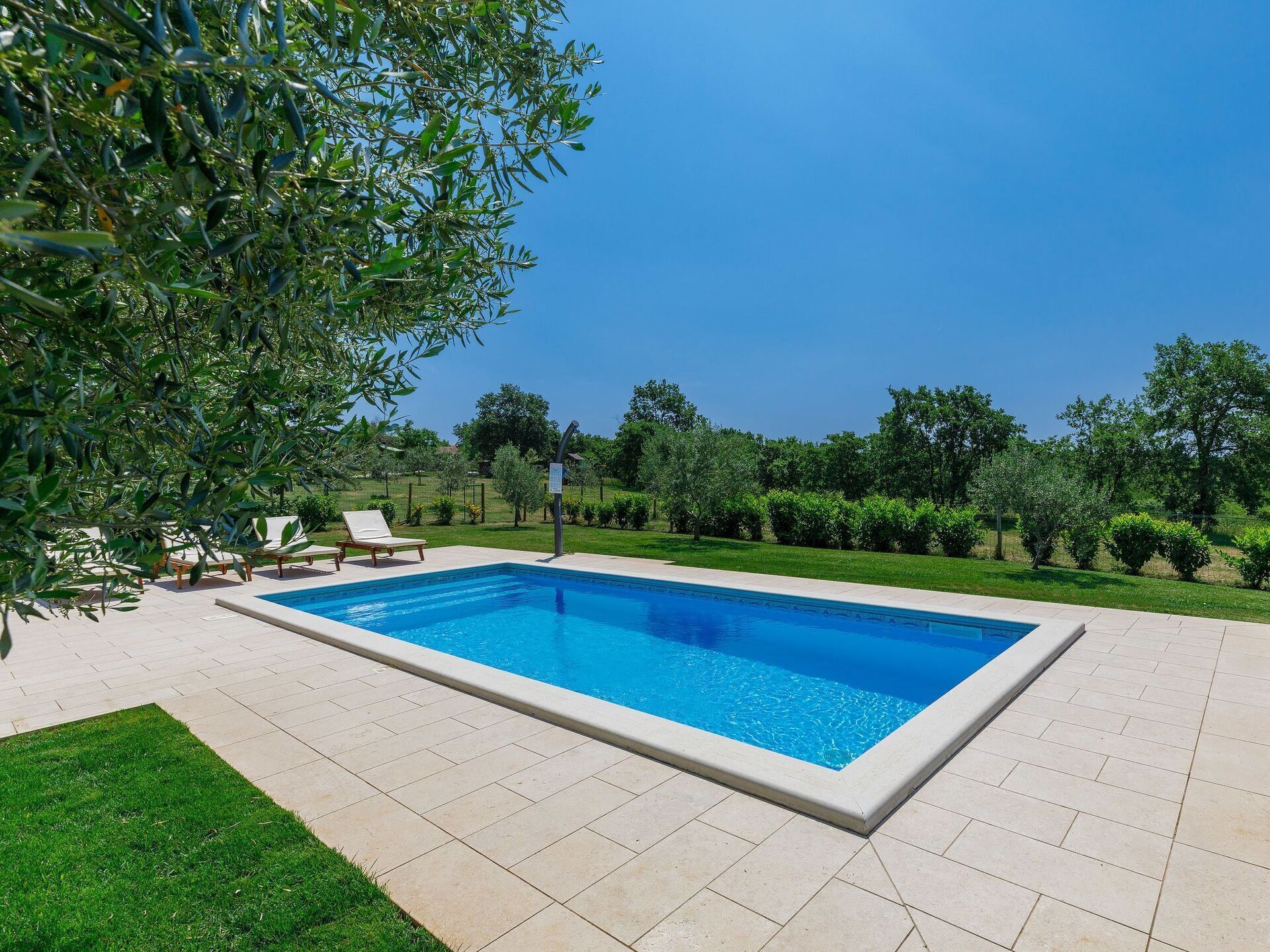 A rectangular swimming pool with a tiled deck, surrounded by a well-maintained lawn and trees.