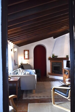 Televisio, takka, kirjoja