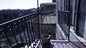 En balkon med jerngitter, en potteplante og udsigt til en bygning med terracotta-tagsten.
