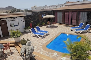 A rooftop pool area with lounge chairs, a statue, and potted plants.