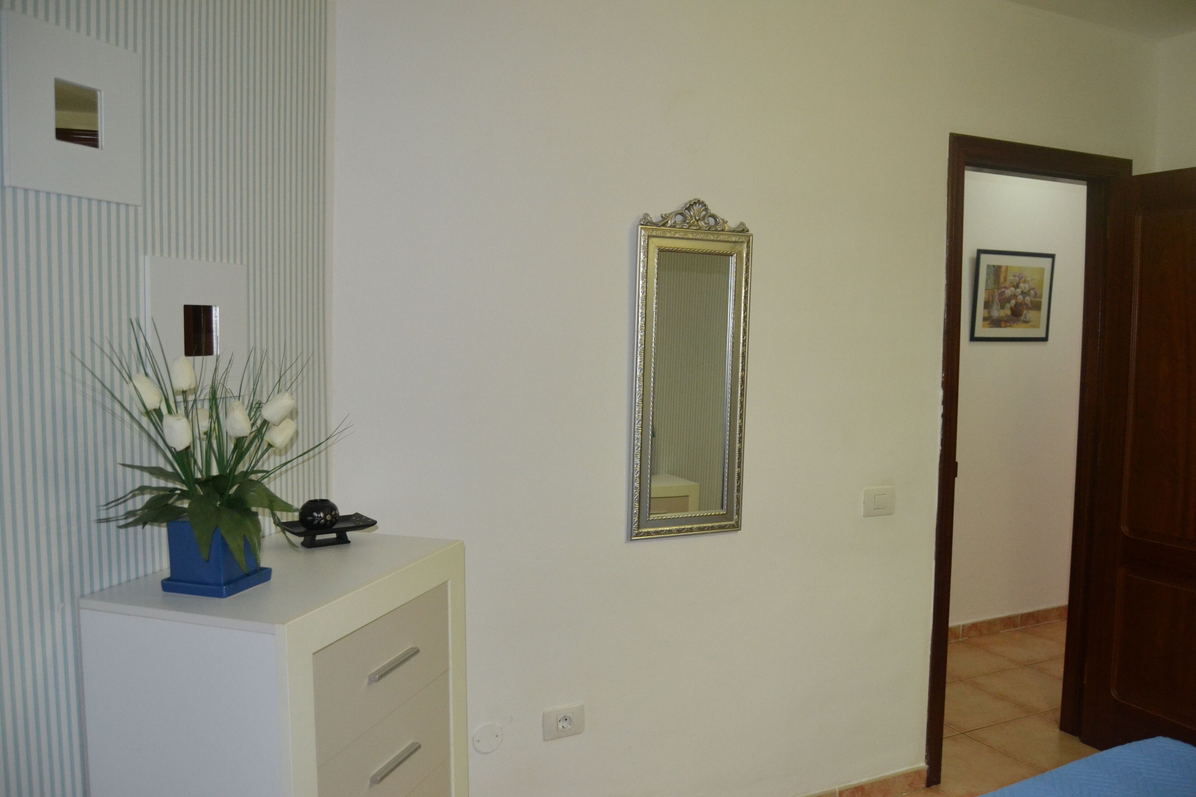 A room with a white dresser, a mirror, a potted plant, and a door leading to another room.
