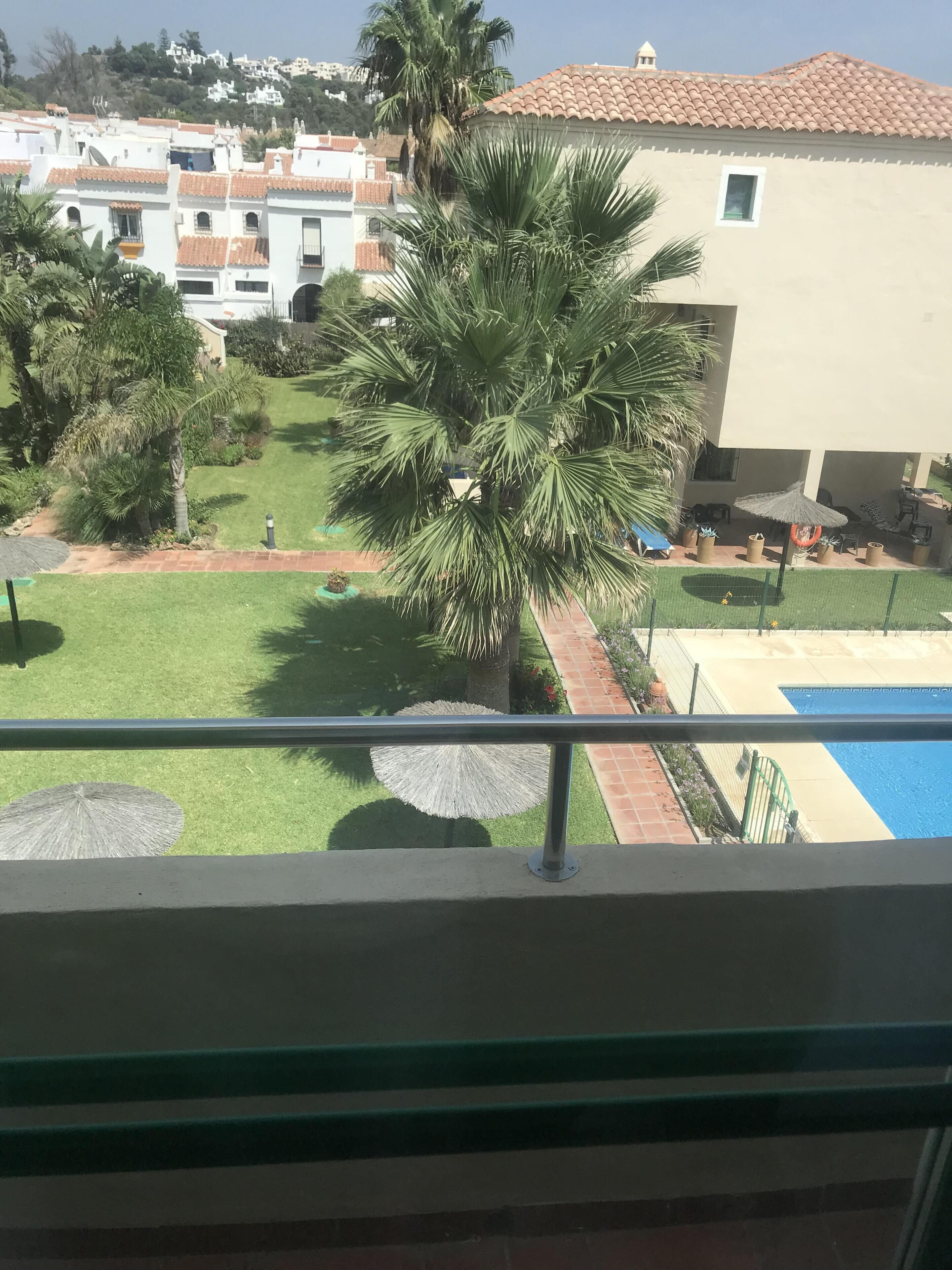 A residential area with a swimming pool, palm trees, and a view of neighboring houses.