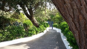 A paved pathway flanked by greenery and a white wall, leading to a blue gate. - Apartment in Villa Valentini, Seafront, Gulf of Gaeta parking included (Minturno)